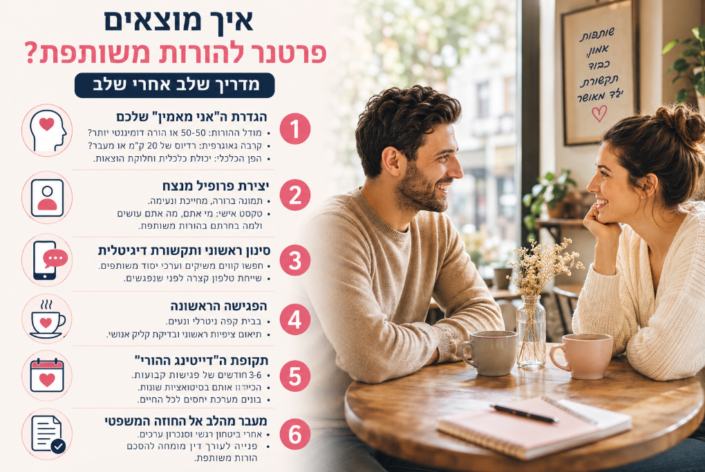 מדריך ויזואלי של גובייבי: איך מוצאים פרטנר להורות משותפת שלב אחר שלב. האינפוגרפיקה מציגה 6 שלבים – מהגדרת האני מאמין, יצירת פרופיל, סינון ותקשורת, פגישה ראשונה, דייטינג הורי ועד לחוזה משפטי, לצד תמונת רקע של שותפים פוטנציאליים להורות משוחחים בבית קפה.
